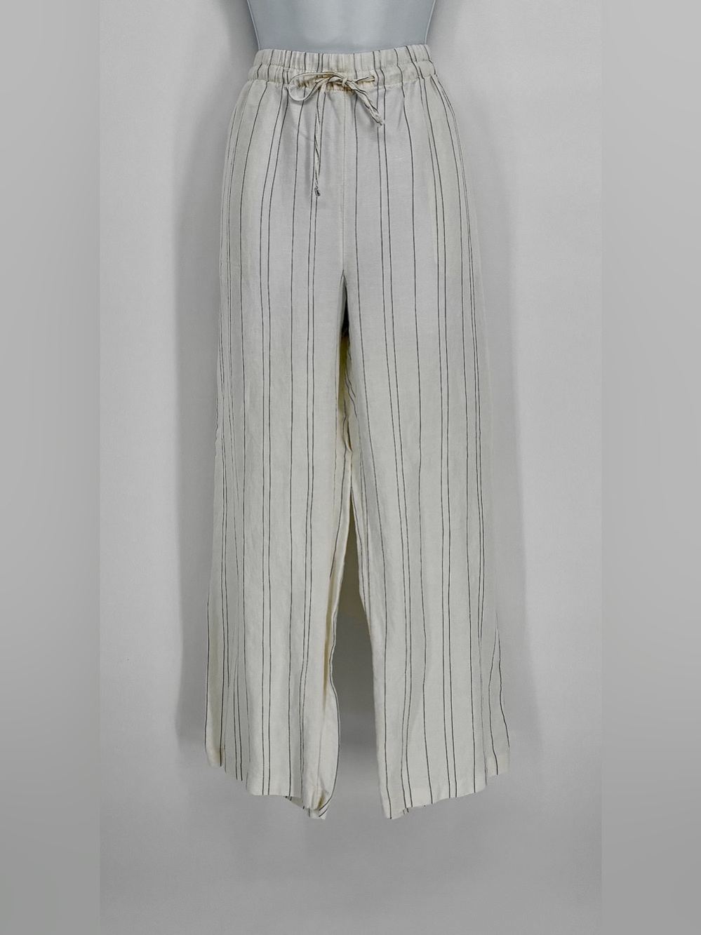 H&M Linen Blend Pinstripe Wide Leg Drawstring Pants White Small